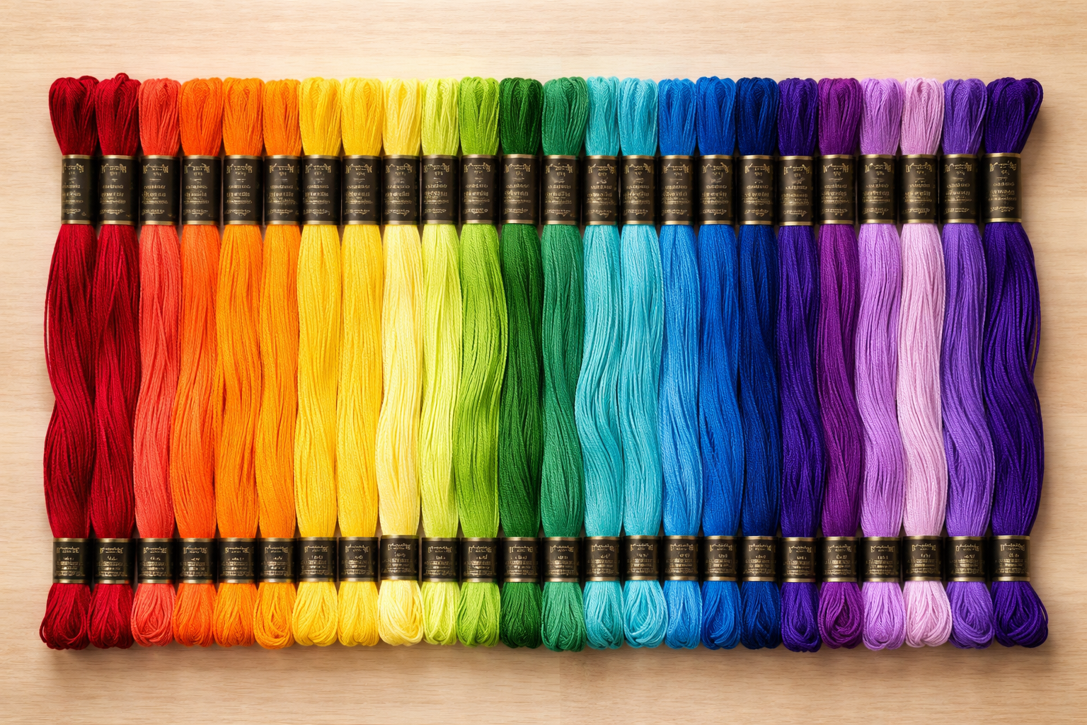 Farklı renklerde muline iplik çileleri yan yana dizilmiş